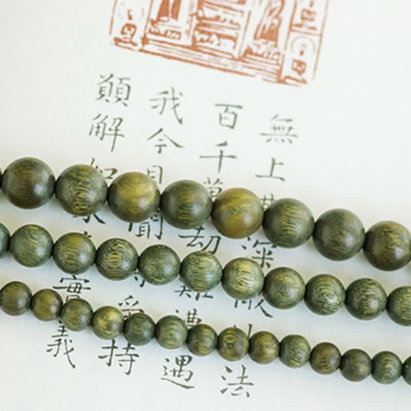 Karma Stone 108-Bead Rosary Green Sandalwood, Boxwood, Lotus, Auspicious Wooden Rosary Bracelet