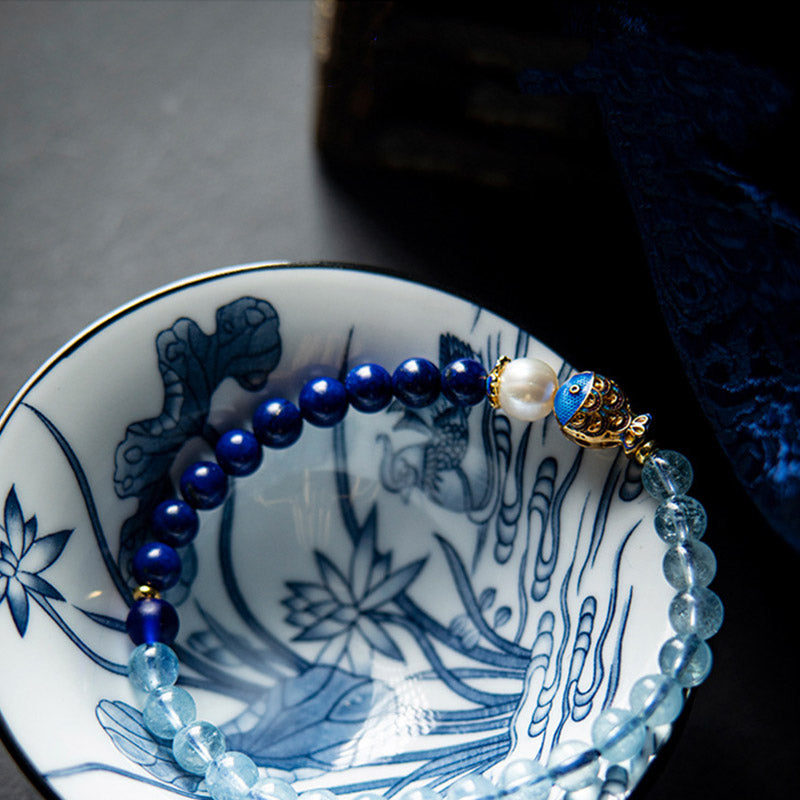 Karma Stone Natural Aquamarine Lazurite Fish Healing Bracelet