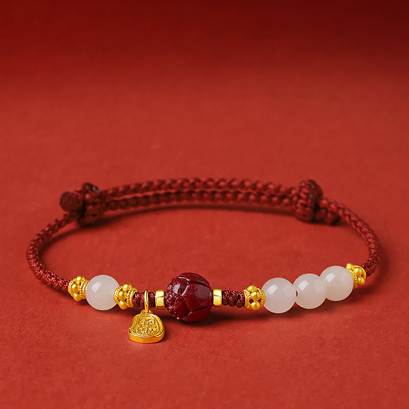 Karma Stone 24K Gold Plated Hetian White Jade Cinnabar Lotus Luck Rope Bracelet