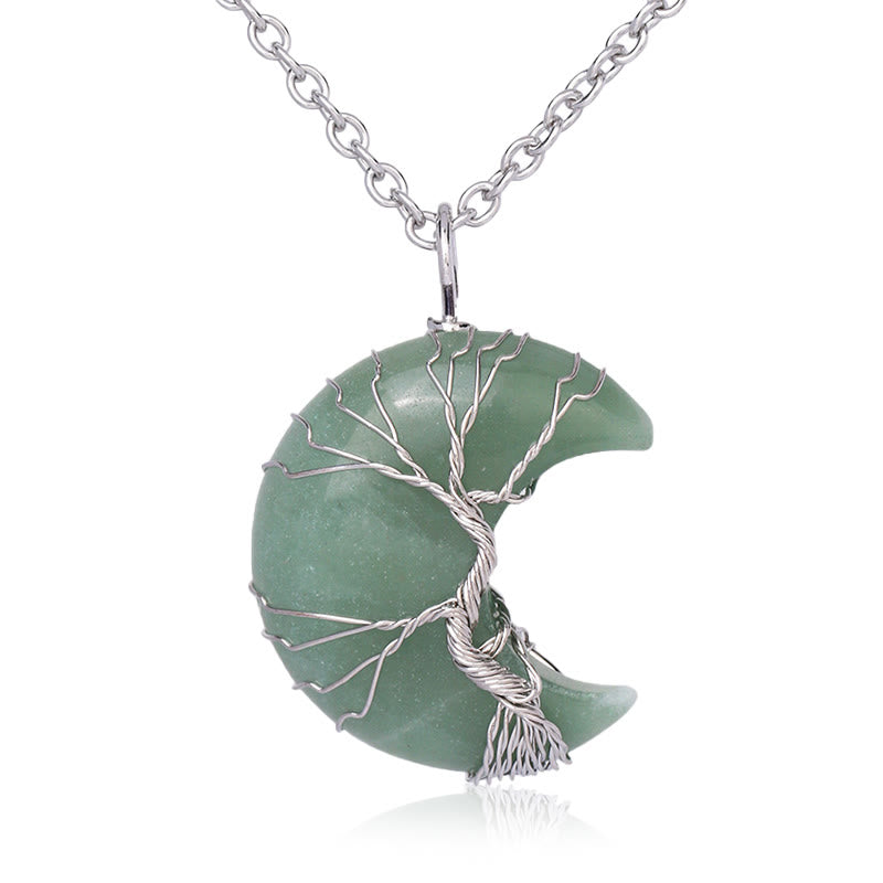 Karma Stone Natural Quartz Crystal Moon Tree Of Life Healing Energy Necklace Pendant