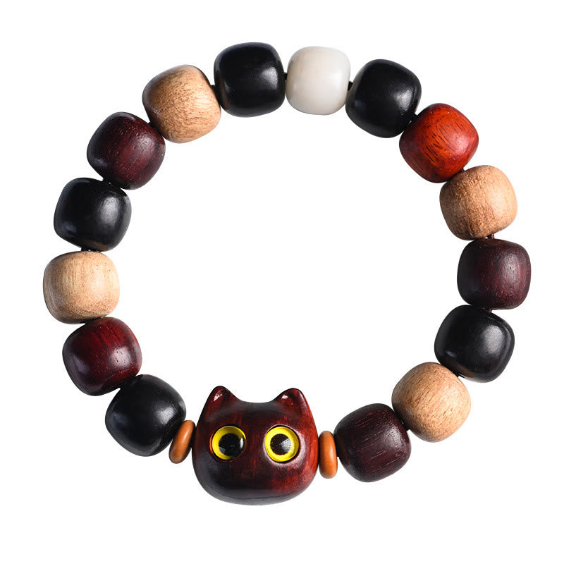 Karma Stone Small Leaf Red Sandalwood Ebony Wood Cute Cat Engraved Protection Bracelet