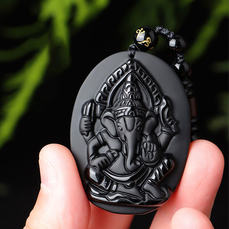 Karma Stone Tibetan Obsidian Ganesh Ganpati Elephant Wealth Amulet Necklace