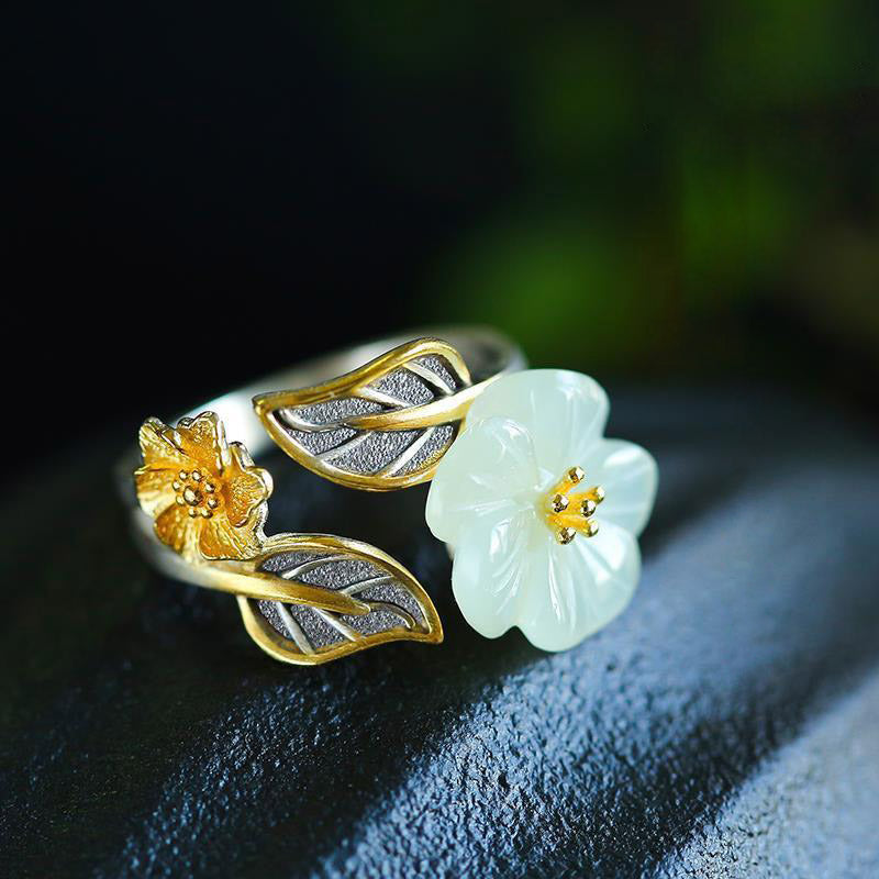 Karma Stone 925 Silver Plated Copper White Jade Plum Flower Leaf Luck Ring