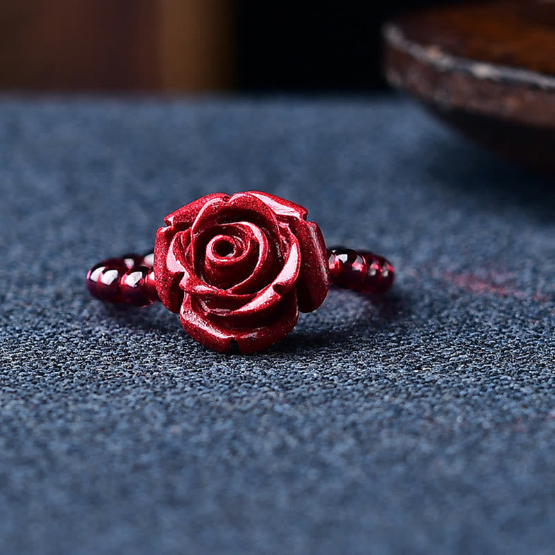 Karma Stone Garnet Cinnabar Lucky Bead PiXiu Om Mani Padme Hum Rose Protection Ring