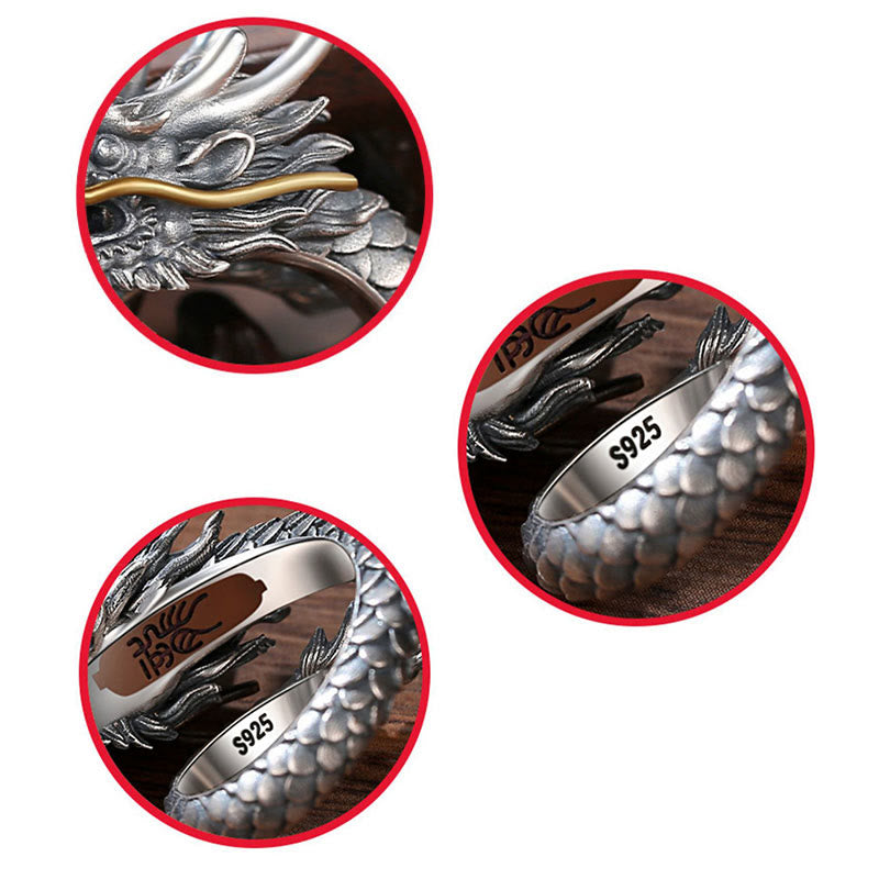 Karma Stone 925 Sterling Silver Vintage Dragon Design Protection Strength Adjustable Ring