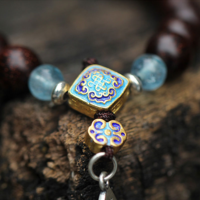 Karma Stone 925 Sterling Silver Indian Small Leaf Red Sandalwood Aquamarine Full of Gold Star Chinese Knotting Blessing Bracelet