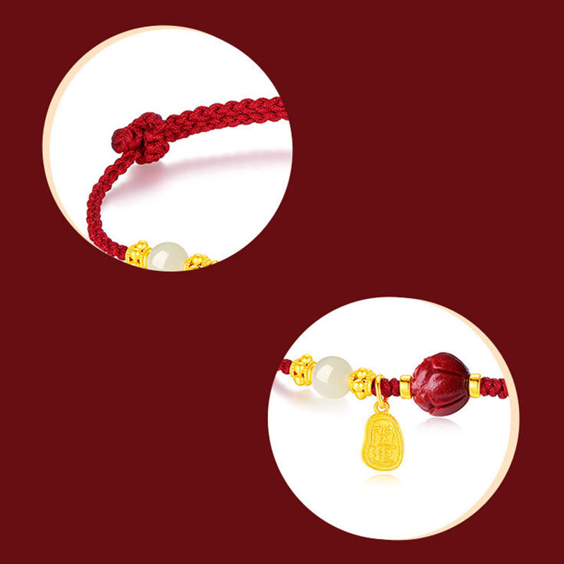Karma Stone 24K Gold Plated Hetian White Jade Cinnabar Lotus Luck Rope Bracelet