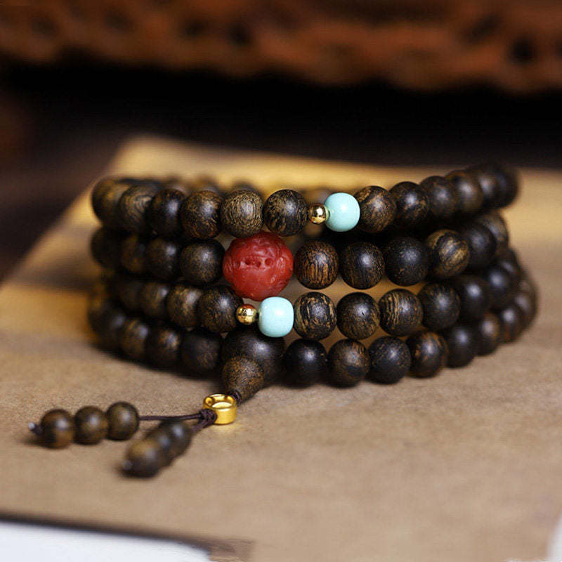 Karma Stone 108 Mala Beads Agarwood Red Agate Turquoise Peace Meditation Bracelet