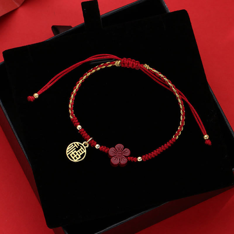 Karma Stone Cinnabar Flower Fu Character Blessing Braided String Bracelet
