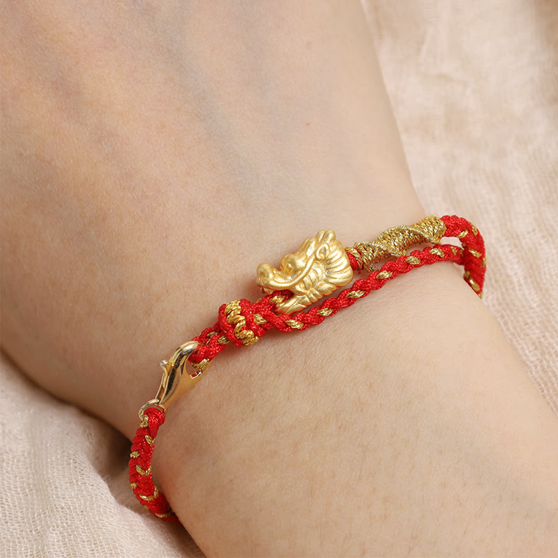 Karma Stone 999 Sterling Silver Handcrafted Dragon Luck Eight Thread Knot Red String Braided Bracelet