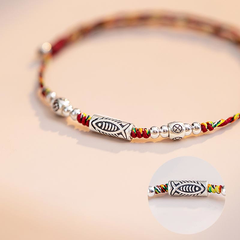 Karma Stone 925 Sterling Silver Luck Koi Fish Braided Colorful String Bracelet Anklet