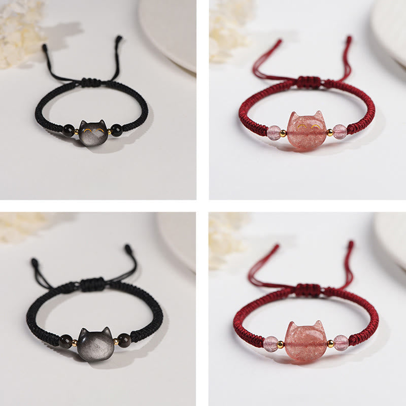 Karma Stone Handmade Natural Silver Sheen Obsidian Strawberry Quartz Cute Cat Protection Braided Bracelet