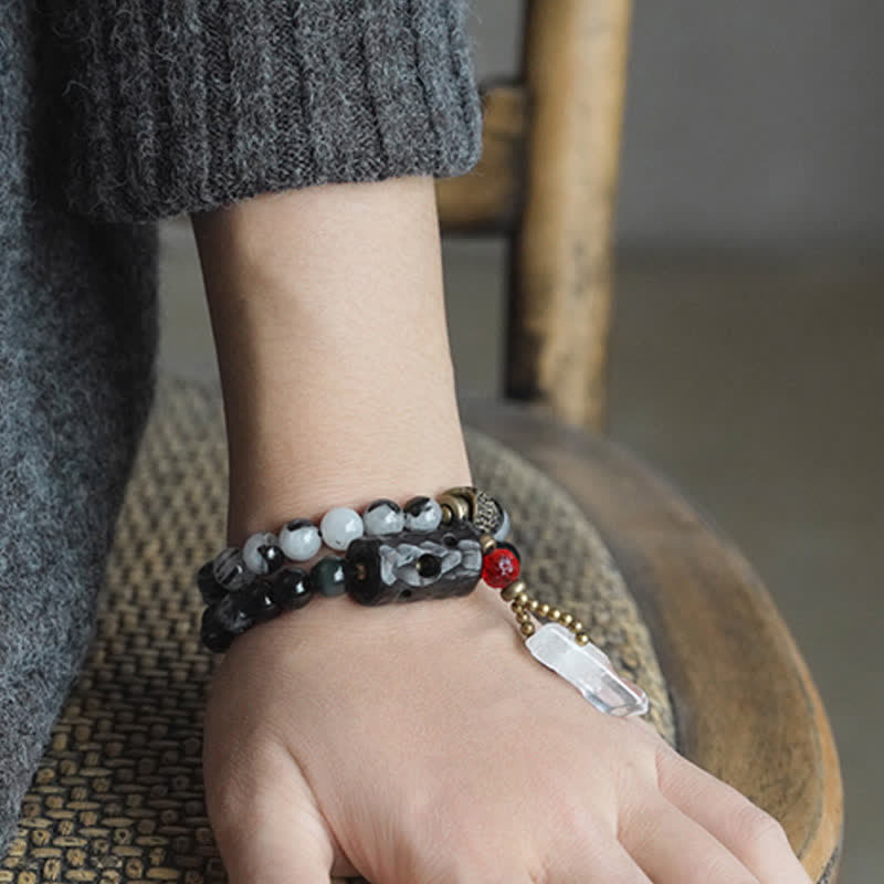 Karma Stone Black Rutilated Quartz Ebony Wood White Crystal Success Couple Bracelet