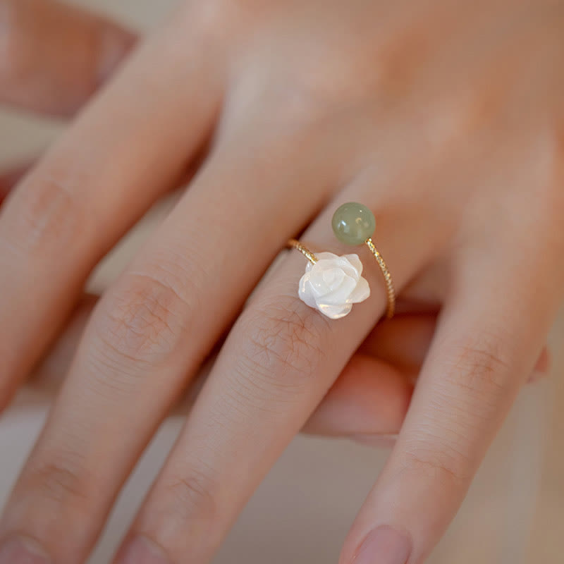 Karma Stone 14K Gold Plated Tridacna Stone Rose Flower Jade Bead Blessing Ring