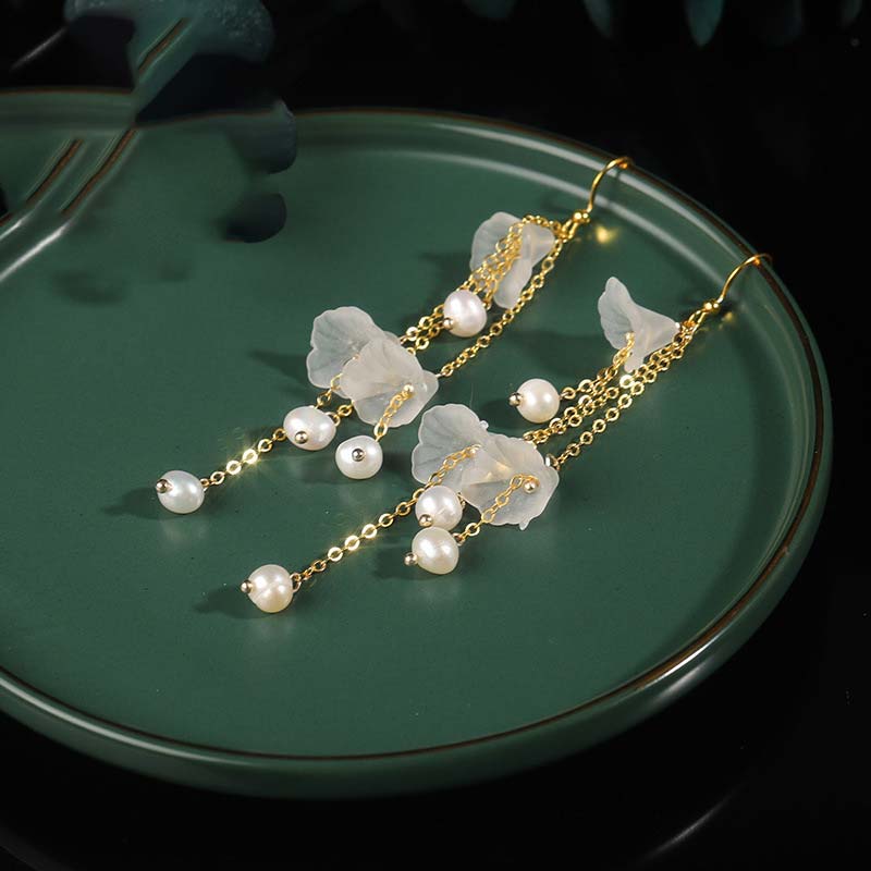 Karma Stone Pearl Flower Petals Luck Drop Earrings