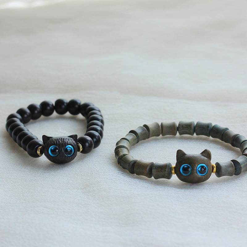 Karma Stone Ebony Wood Green Sandalwood Cute Cat Peace Bracelet