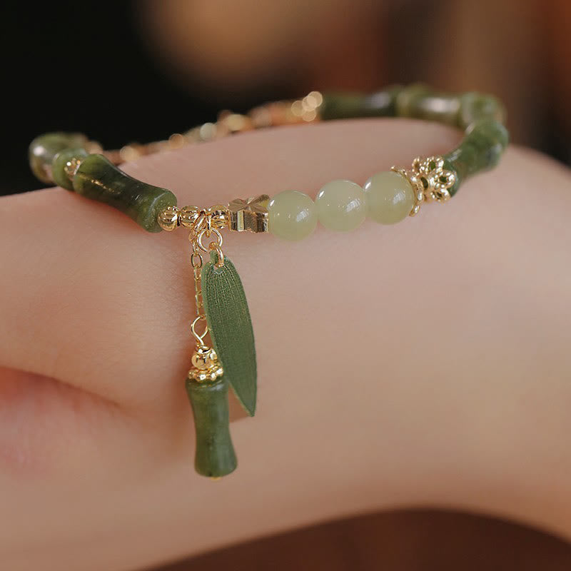 Karma Stone Jade Bamboo Leaf Lily Of The Valley Pattern Luck Abundance Bracelet