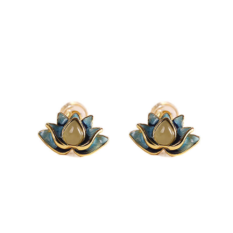 Karma Stone 925 Sterling Silver Hetian Cyan Jade Lotus Flower Success Earrings