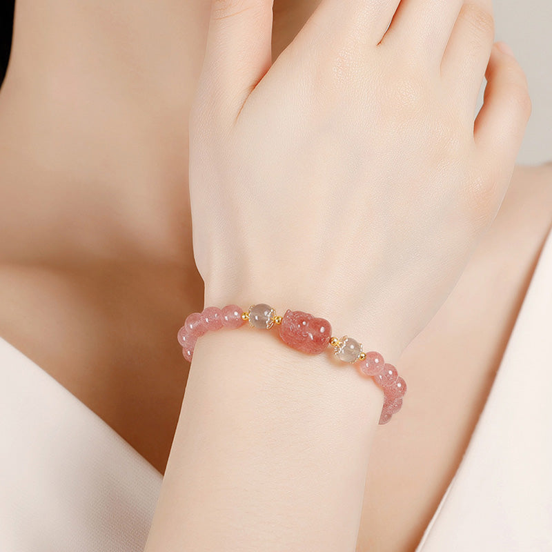 Karma Stone Aquamarine Strawberry Quartz Amethyst Moonstone PiXiu Healing Bracelet