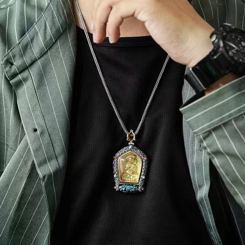 Karma Stone Tibet Chinese Zodiac Natal Buddha Thangka Prosperity Rotatable Dzi Bead Necklace Pendant