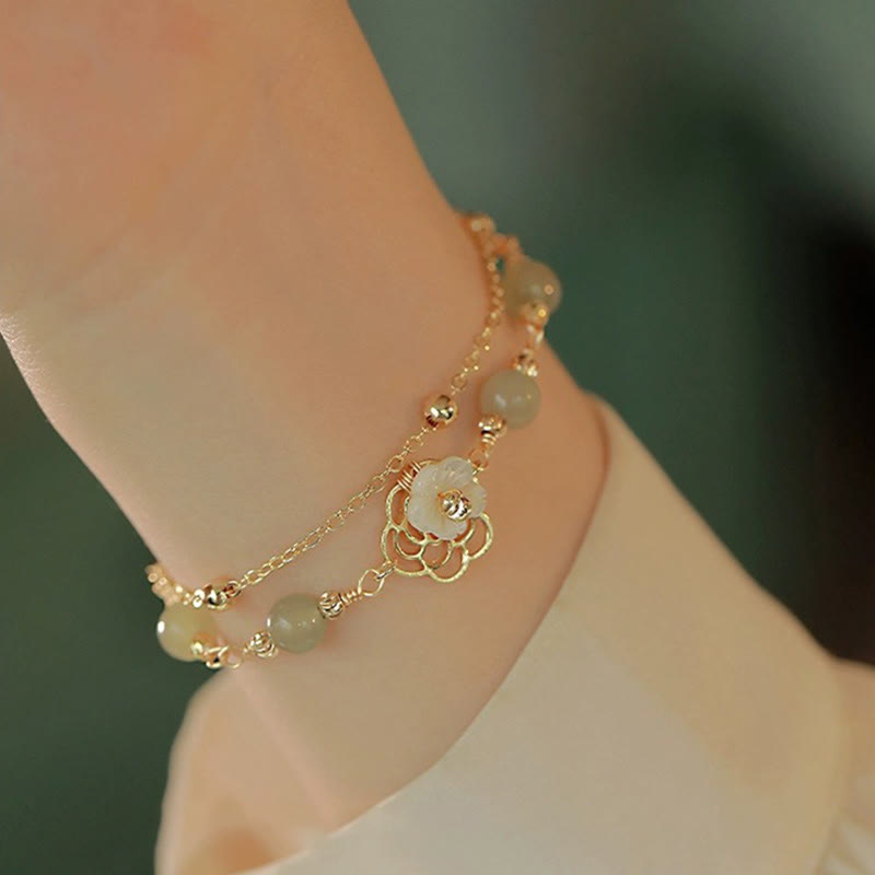 Karma Stone 14K Gold Plated Jade Butterfly Tridacna Stone Flower Double Layer Luck Bracelet