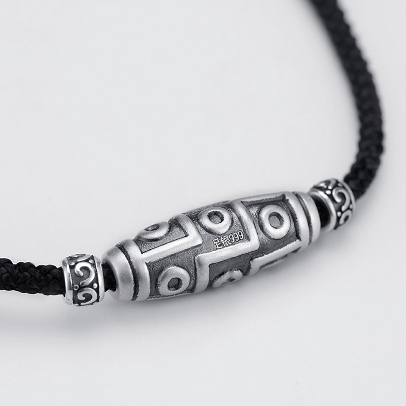 Karma Stone 999 Sterling Silver Nine-Eye Dzi Bead Pattern Protection Rope Necklace Pendant