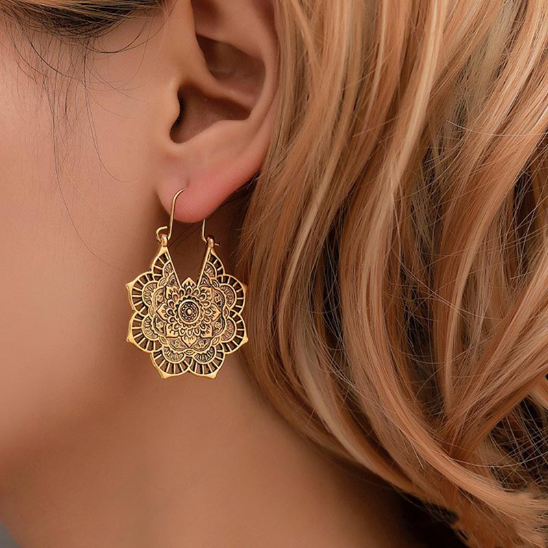 Karma Stone Tibetan Lotus Engraving Copper Blessing Drop Earrings
