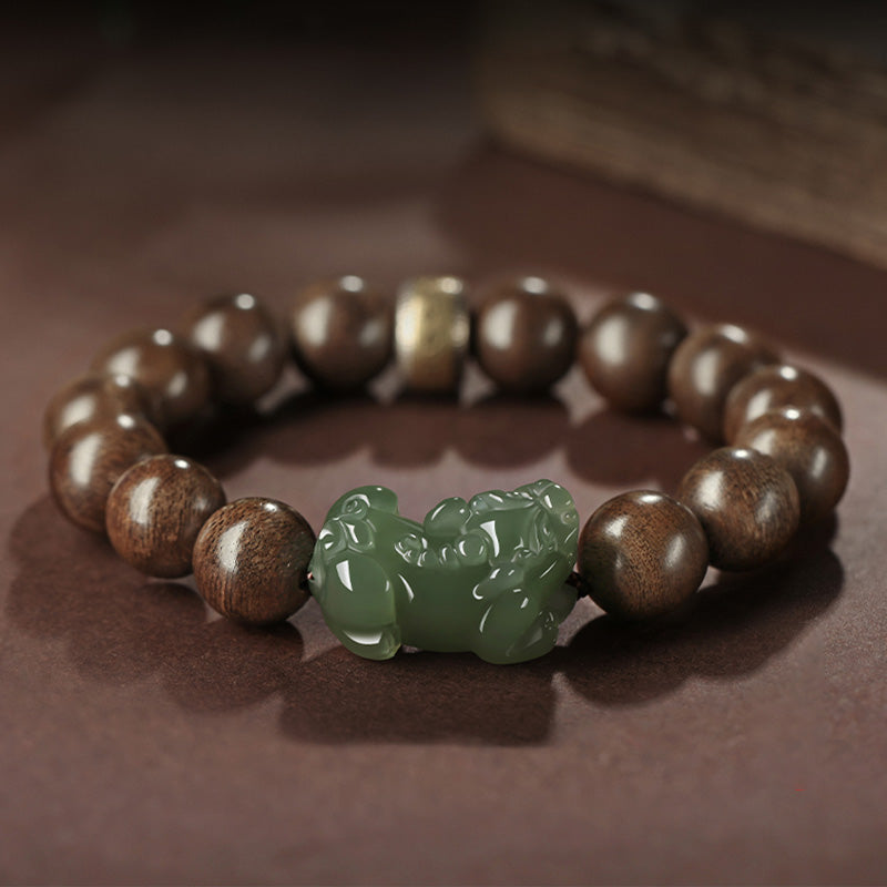 Karma Stone 925 Sterling Silver Brunei Agarwood PiXiu Jade Peace Strength Bracelet