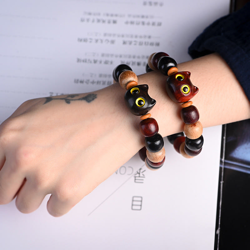 Karma Stone Small Leaf Red Sandalwood Ebony Wood Cute Cat Engraved Protection Bracelet