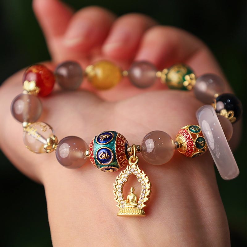 Karma Stone Natural Gray Agate Five Directions Gods of Wealth Om Mani Padme Hum Buddha Charm Bracelet