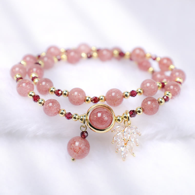 Karma Stone Natural Strawberry Quartz Love Healing Maple Leaf Charm Double Wrap Bracelet
