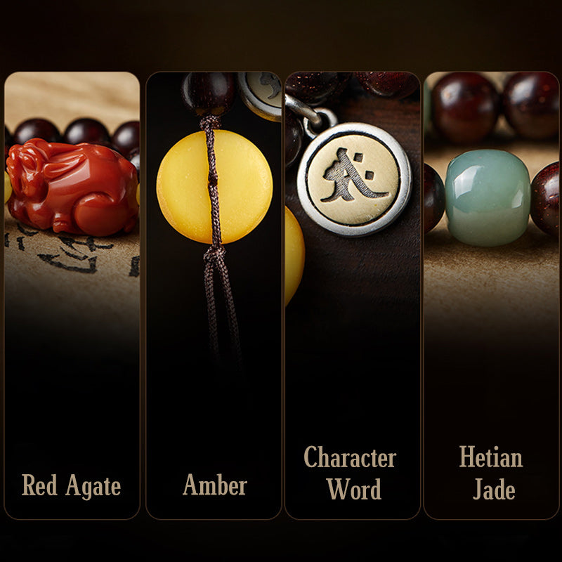 Karma Stone Chinese Zodiac Natal Buddha 108 Mala Beads Small Leaf Red Sandalwood Red Agate PiXiu Protection Bracelet