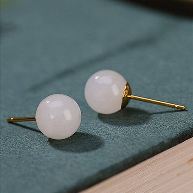 Karma Stone 925 Sterling Silver Round White Jade Blessing Stud Earrings