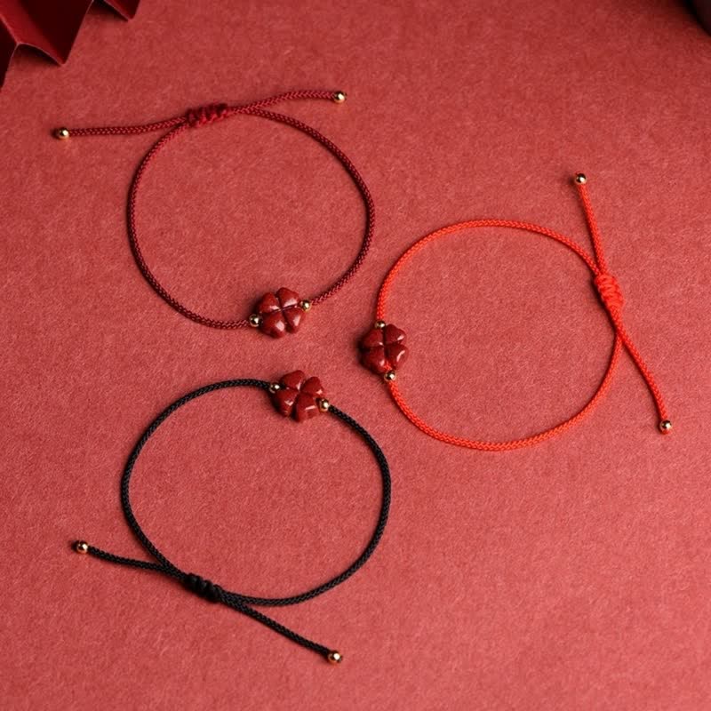 Karma Stone Natural Cinnabar Four Leaf Clover Blessing Red String Bracelet Anklet