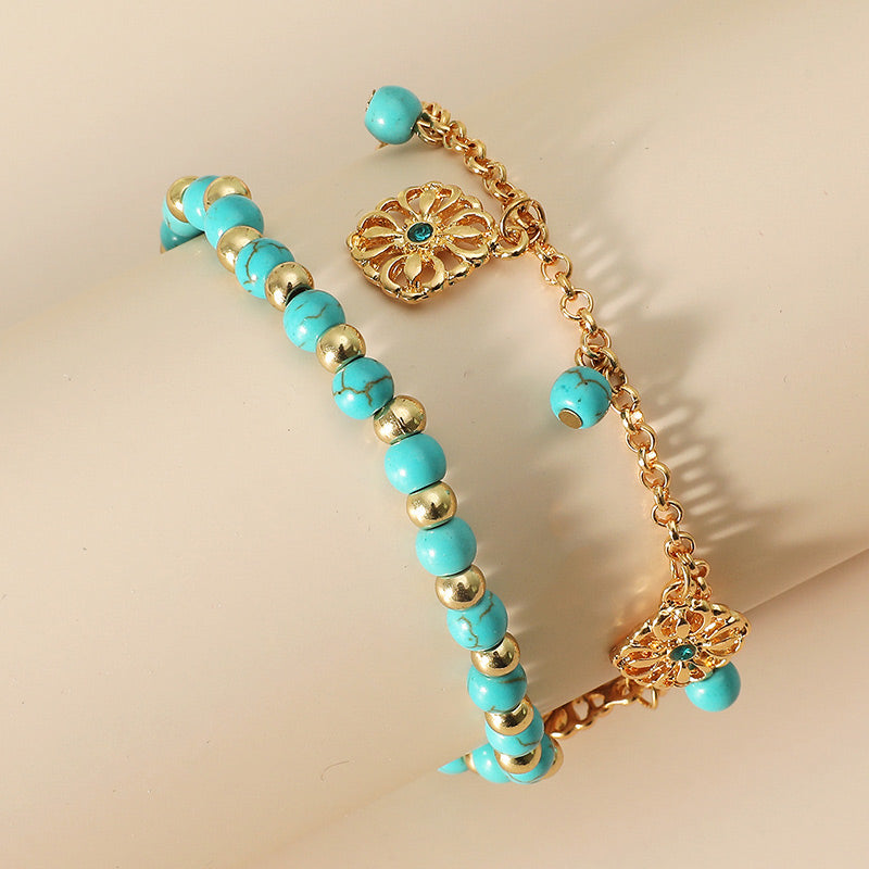 Karma Stone 2Pcs Turquoise Stone Flower Protection Bracelet Anklet