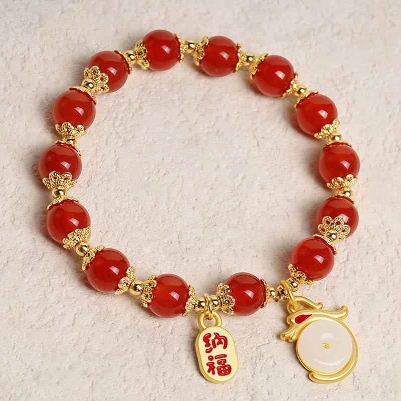 Karma Stone Year of the Dragon Red Agate Green Aventurine Peace Buckle Fu Character Lucky Fortune Bracelet