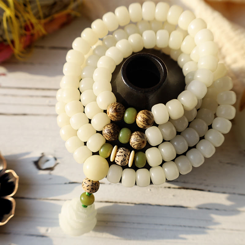 Karma Stone White Jade Bodhi Lotus Mala Harmony Necklace Bracelet
