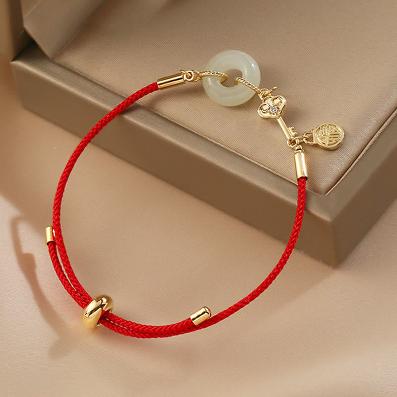 Karma Stone 18K Gold Plated Hetian Jade Peace Buckle Fu Character Luck Red Rope Bracelet