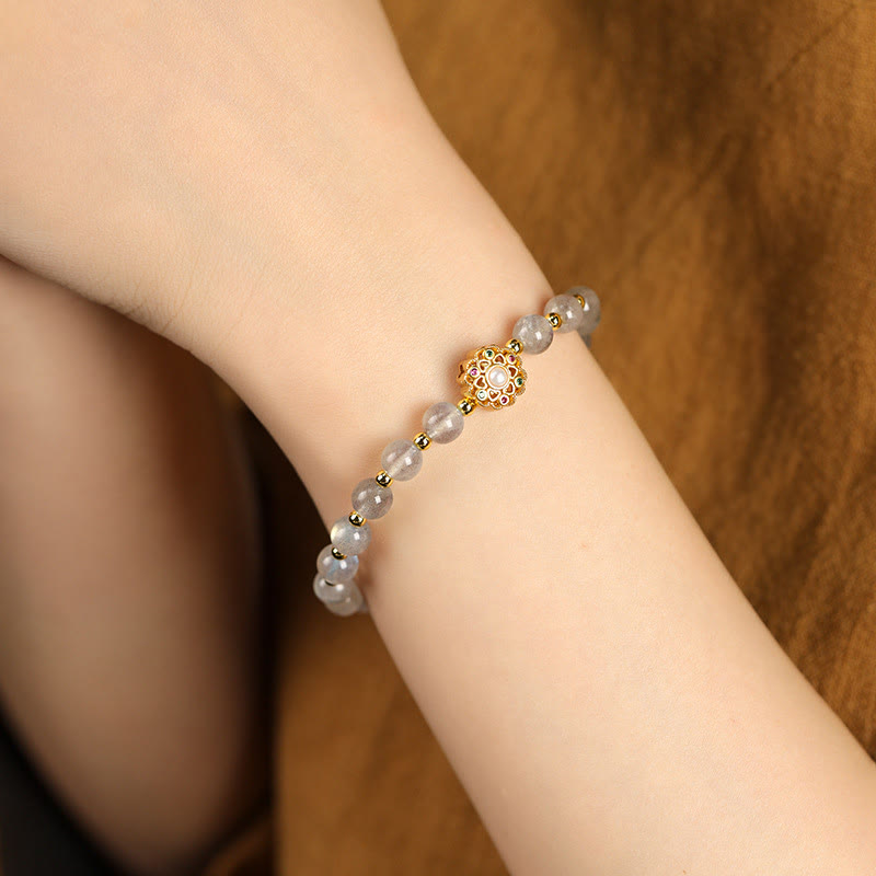 Karma Stone 14K Gold Plated Natural Strawberry Quartz Labradorite Sun Stone Fu Character Positive Charm Bracelet