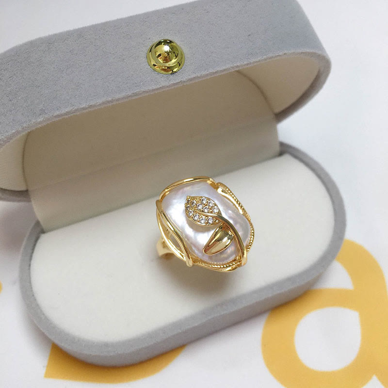 Karma Stone Pearl Copper Plated Gold Flower Happiness Wealth Ring