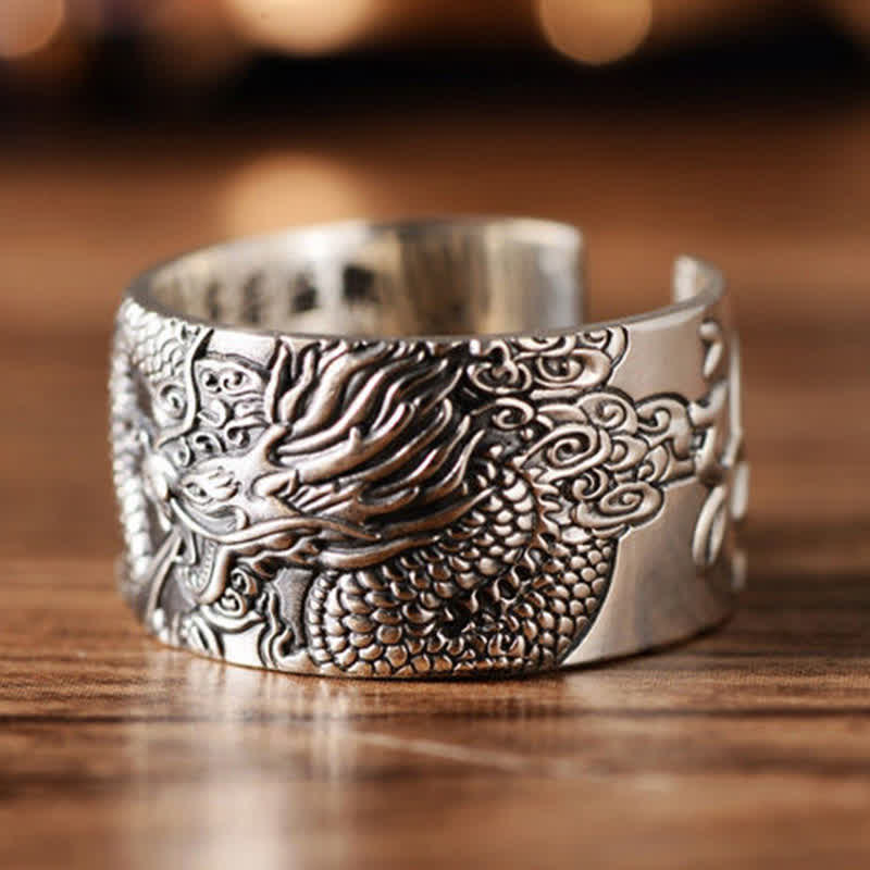 Karma Stone 999 Sterling Silver Dragon Carved Pattern Protection Success Ring