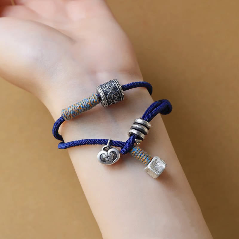Karma Stone Handmade Tibetan Om Mani Padme Hum Carved Auspicious Amulet Double Wrap Rope Bracelet