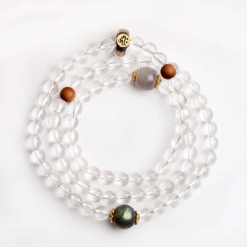 Karma Stone 925 Sterling Silver Chinese Zodiac Natal Buddha White Crystal Meditation Triple Wrap Bracelet