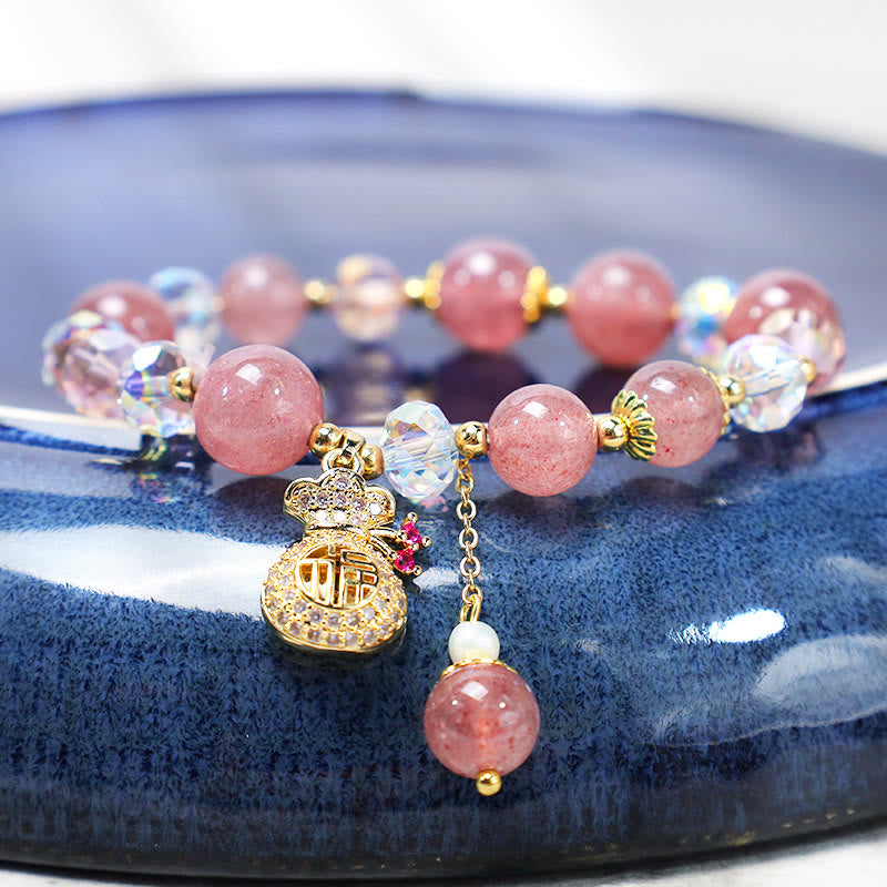 Karma Stone Natural Strawberry Quartz Crystal Money Bag Charm Positive Bracelet