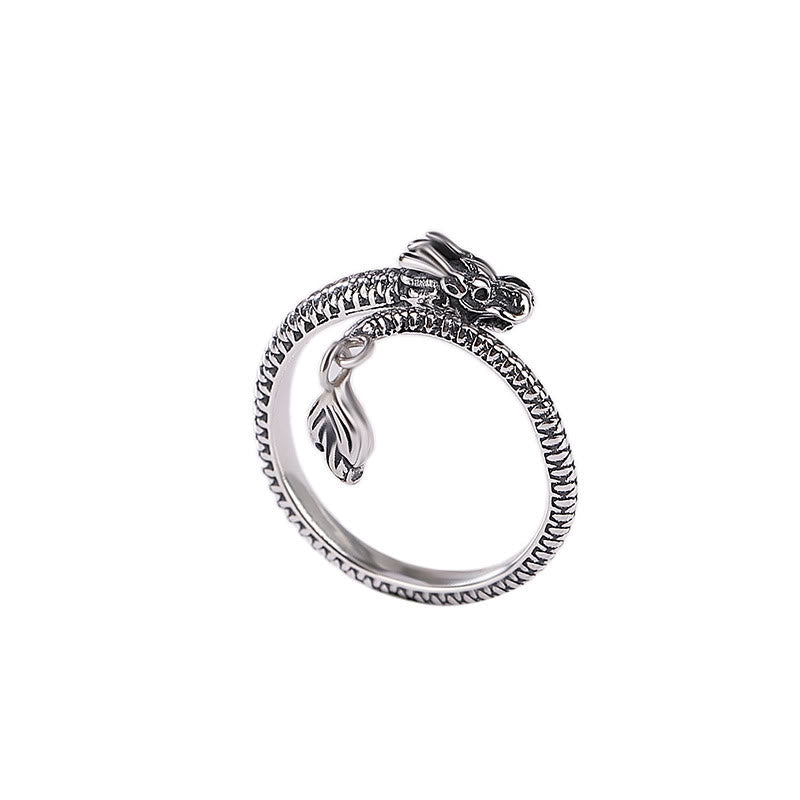 Karma Stone 925 Sterling Silver Vintage Year of the Dragon Luck Protection Strength Adjustable Ring