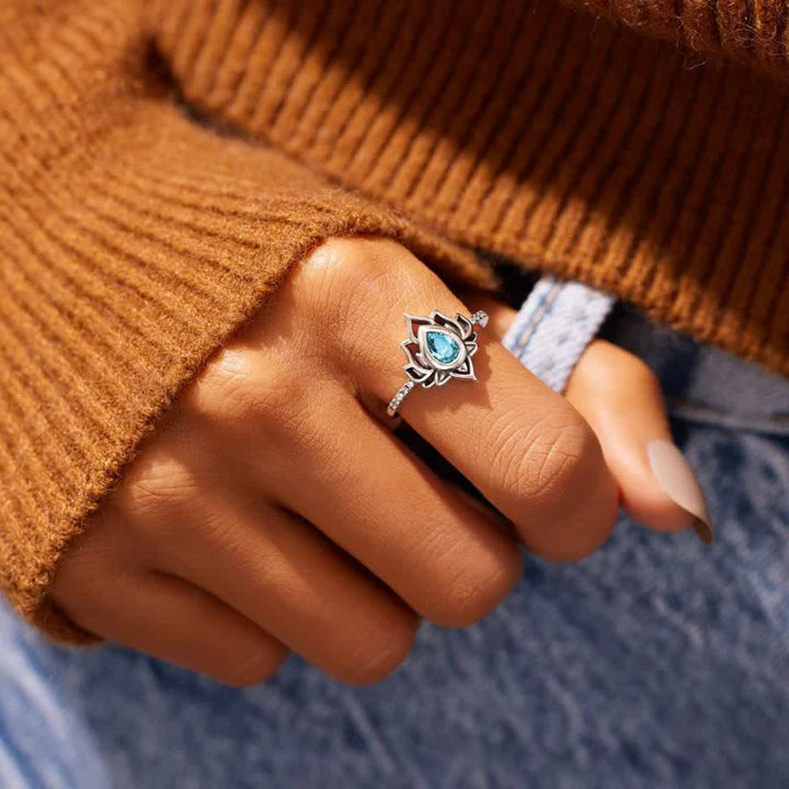 Karma Stone Sterling Silver Lotus Zircon Blessing Protection Ring
