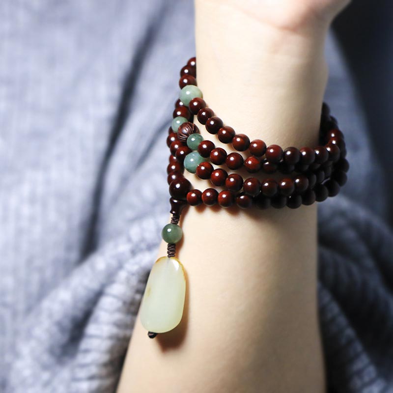 Karma Stone Tibetan Small Leaf Red Sandalwood Jade Mala Meditation Bracelet