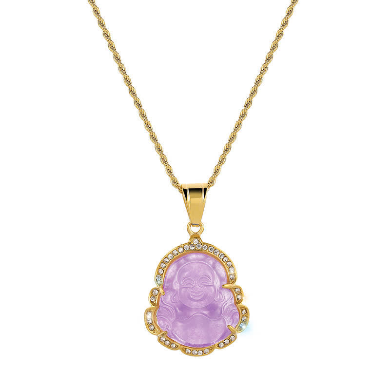 Karma Stone 18K Gold Filled Laughing Buddha Jade Luck Necklace Chain Pendant