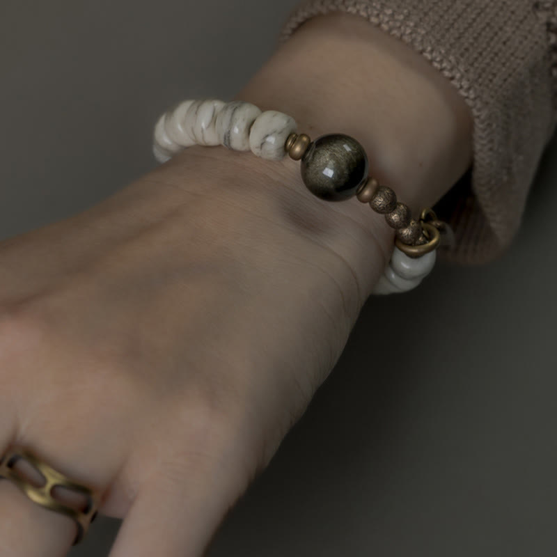 Karma Stone Tibetan Yak Bone Gold Sheen Obsidian Brass Bead Strength Bracelet