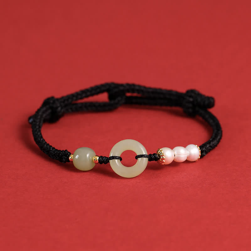 Karma Stone Natural Hetian Jade Pearl Peace Buckle Luck Bracelet